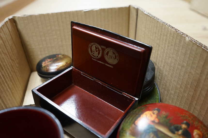 A quantity of late 19th / early 20th century Russian lacquer boxes, a dish and small vase. Condition - appears good